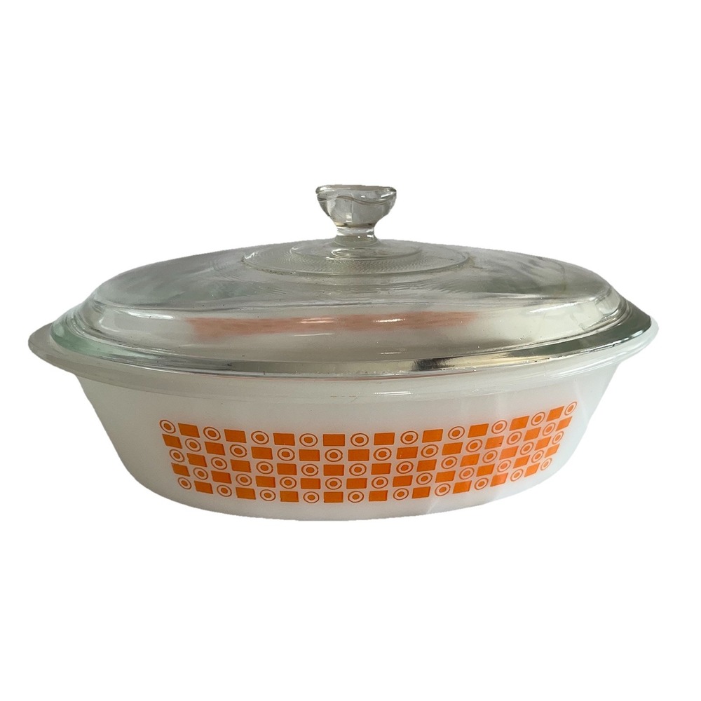 Atomic Mod Orange VTG Glasbake Milk Glass Oval Casserole‎ Dish 1 Qt J235 + Lid